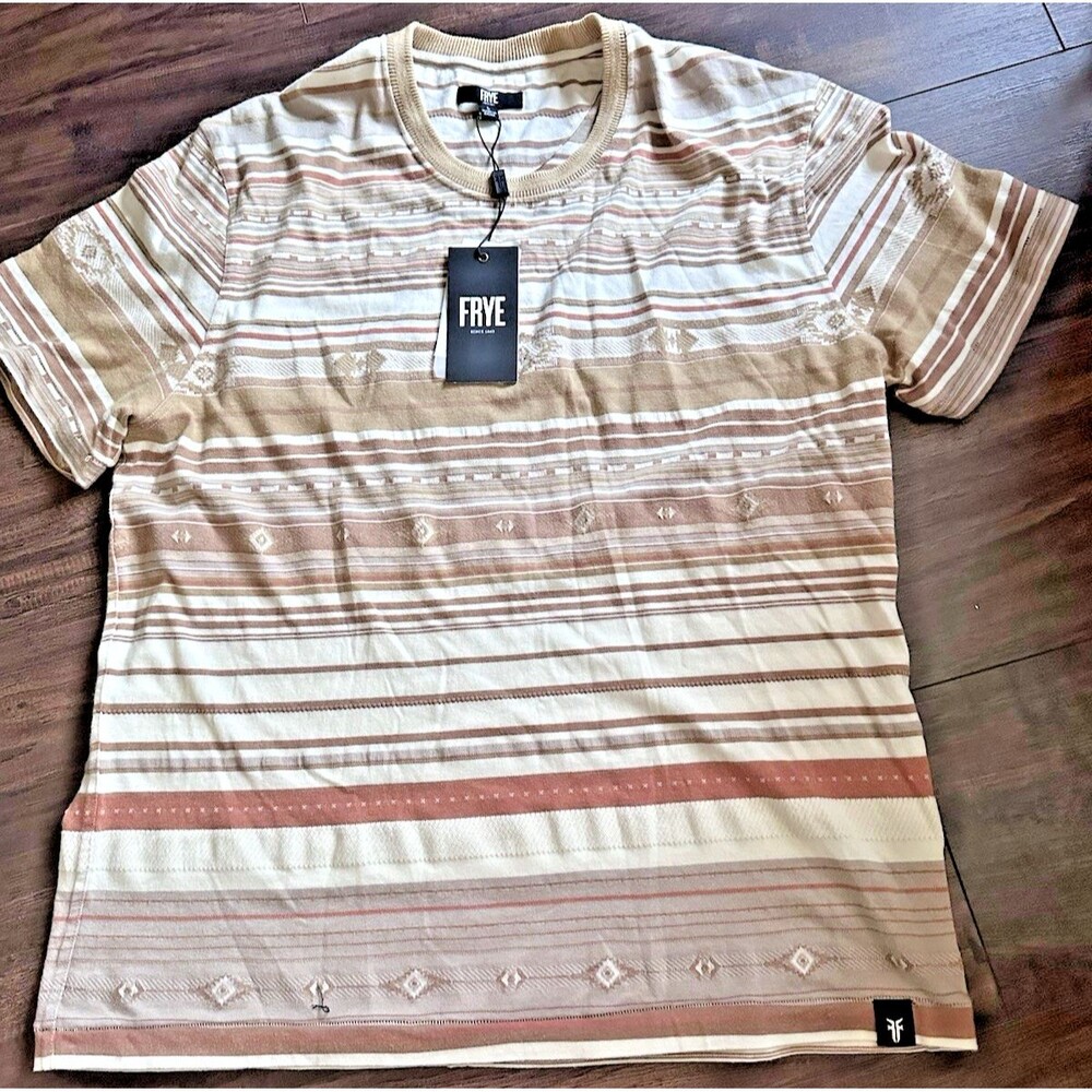 Frye Men's Southwestern Short Sleeve Striped Crewneck T-Shirt Neutral Beige L